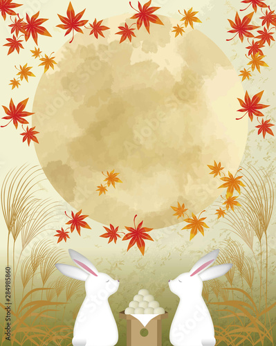 十五夜　満月　月　スーパームーン　すすき　うさぎ　団子　お月様　水彩　和風　和柄　日本　紅葉　もみじ