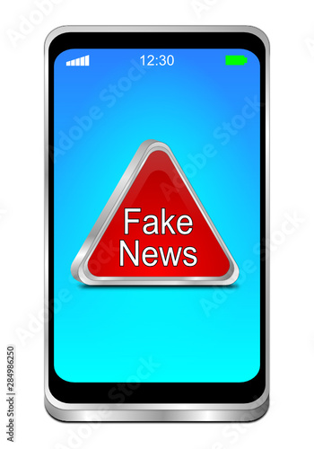 Smartphone with Fake News warning sign - 3D illustration