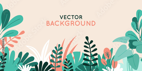 Vector illustration in simple flat style with copy space for text - background with plants and leaves