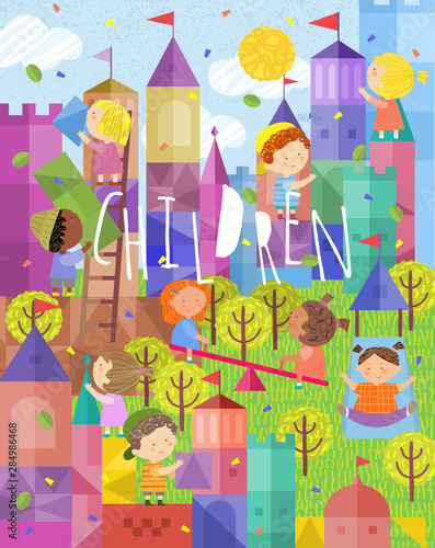 Children and kids! Vector illustrations of cute boys and girls on a playground on the street, on a swing, children build a town and a tower, ride a slide and play. Drawings for poster or background