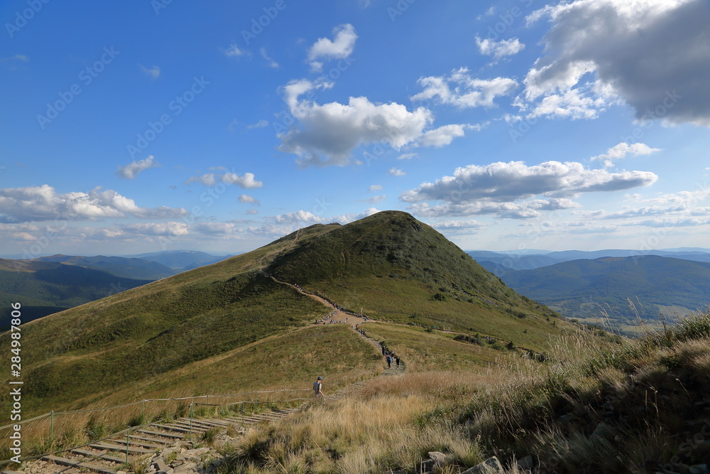 Fototapeta premium landscape with Bieszczady mountains in Poland, Tarnica peak, blue sky and clouds