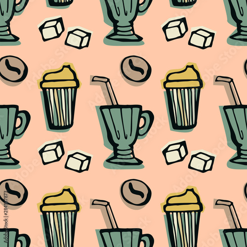 Drinking coffee  tea seamless pattern on a light pink background. Hand drawn vector doodle illustration of retro style.