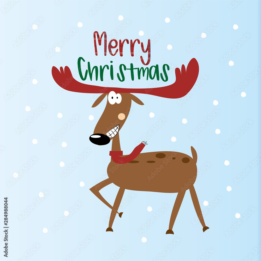 Merry Christmas text, funny reindeer on blue and snowy background. Stock  Vector | Adobe Stock