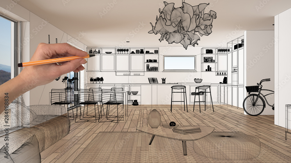 Obraz premium Empty white interior with parquet floor and big panoramic window, hand drawing custom architecture design, black ink sketch, blueprint showing modern kitchen