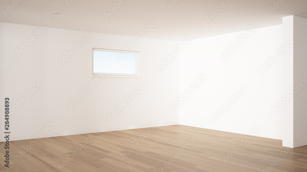 Empty room interior design, open space with big panoramic window, balcony on sea panoramic view, parquet wooden floor, modern contemporary architecture Empty room interior design, open space with big panoramic window, balcony on sea panoramic view, parquet wooden floor, modern contemporary architecture