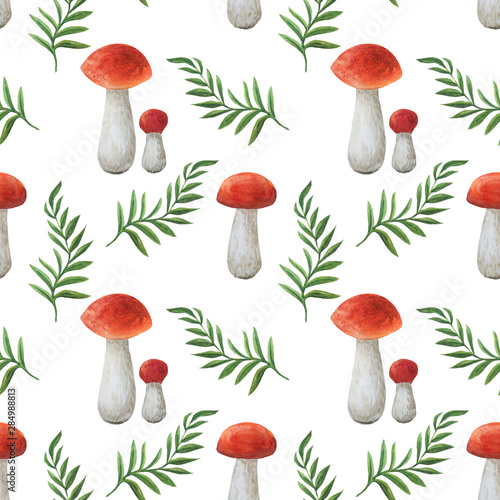 Seamless pattern with mushrooms and green leaves.