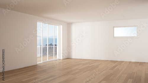 Wallpaper Mural Empty room interior design, open space with big panoramic window, balcony on sea panoramic view, parquet wooden floor, modern contemporary architecture Torontodigital.ca