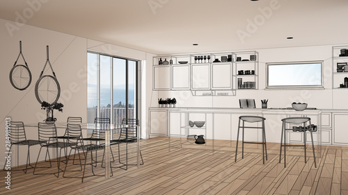 Empty white interior with parquet floor and big panoramic window  custom architecture design project  black ink sketch  blueprint showing classic kitchen