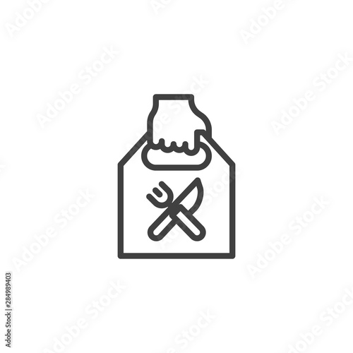 Food delivery line icon. linear style sign for mobile concept and web design. Hand with food package outline vector icon. Symbol, logo illustration. Vector graphics