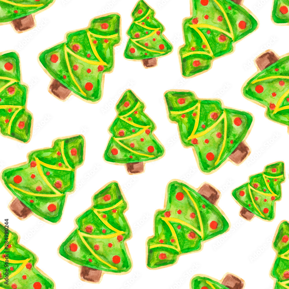 Seamless gingerbread Christmas tree pattern on white background. Hand-drawn watercolor