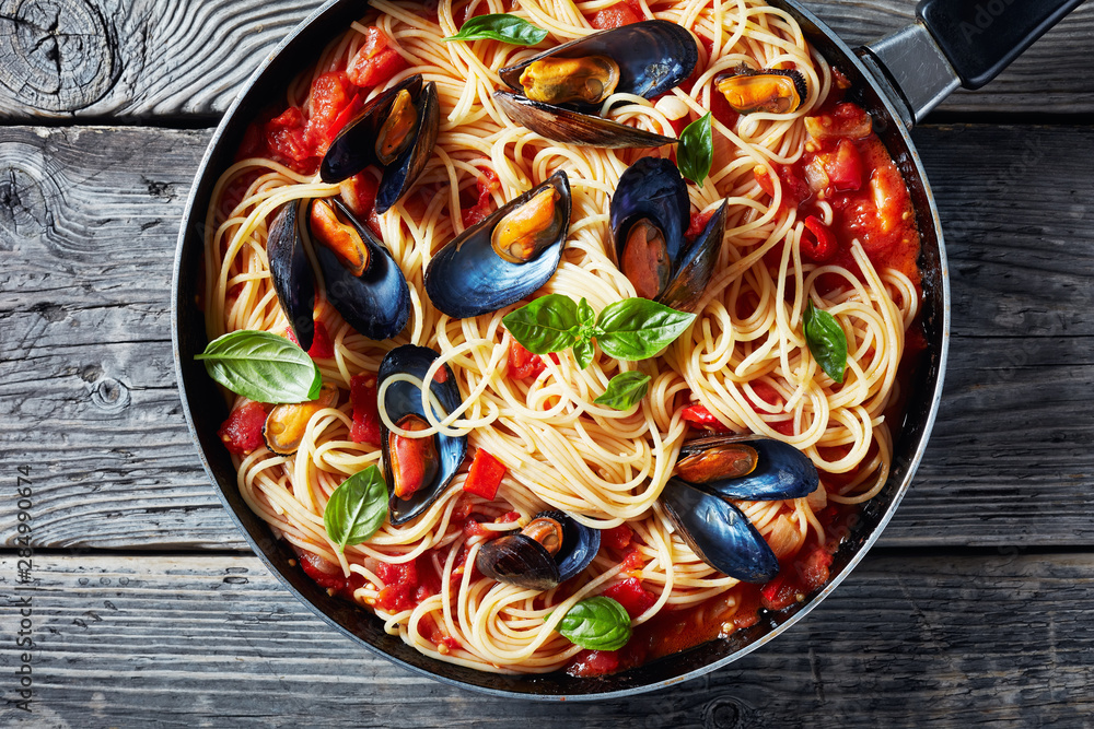 close-up of pasta with Mussels, top view close-up of pasta with Mussels, top view