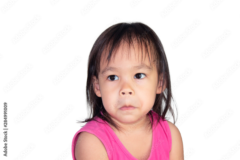 Adorable Asian child make doubts face and wearing pink dress isolated on a white background. Adorable Asian child make doubts face and wearing pink dress isolated on a white background.