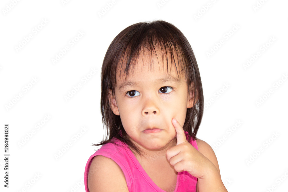 Adorable Asian child thinking and wearing pink dress isolated on a white background. Adorable Asian child thinking and wearing pink dress isolated on a white background.