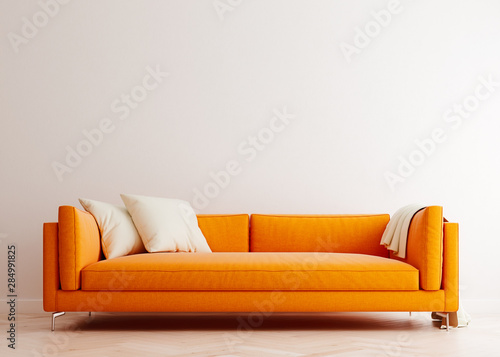 Bright white mock up wall with orange sofa in modern interior background, living room, Scandinavian style, 3D render, 3D illustration photo