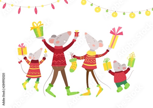 Mice family happy with presents flat vector illustration