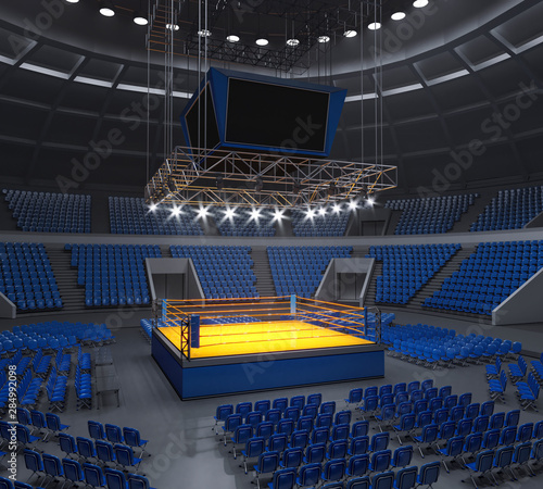 Boxing stadium  brightly lit ring with television screens above it. 3d illustration