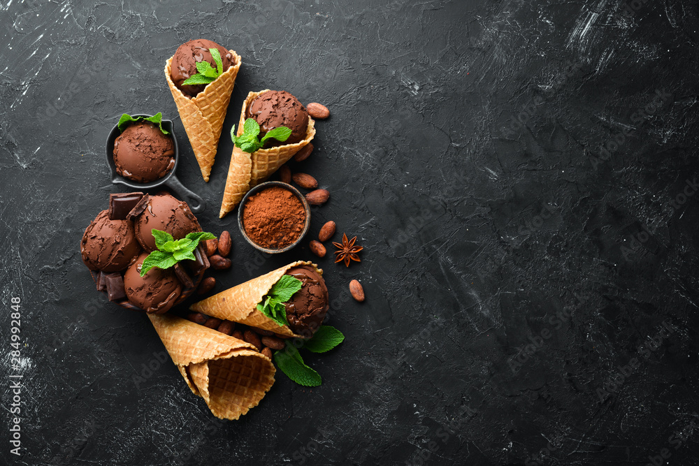 Chocolate ice cream with chocolate. Top view. Free space for your text. Chocolate ice cream with chocolate. Top view. Free space for your text.