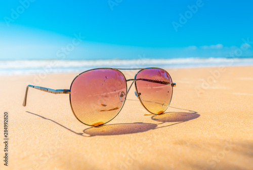 Sunglasses on the coastal beaches under the sun