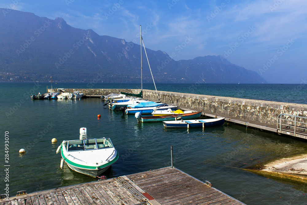 mediterranean mountain coast landscape boats in harbor