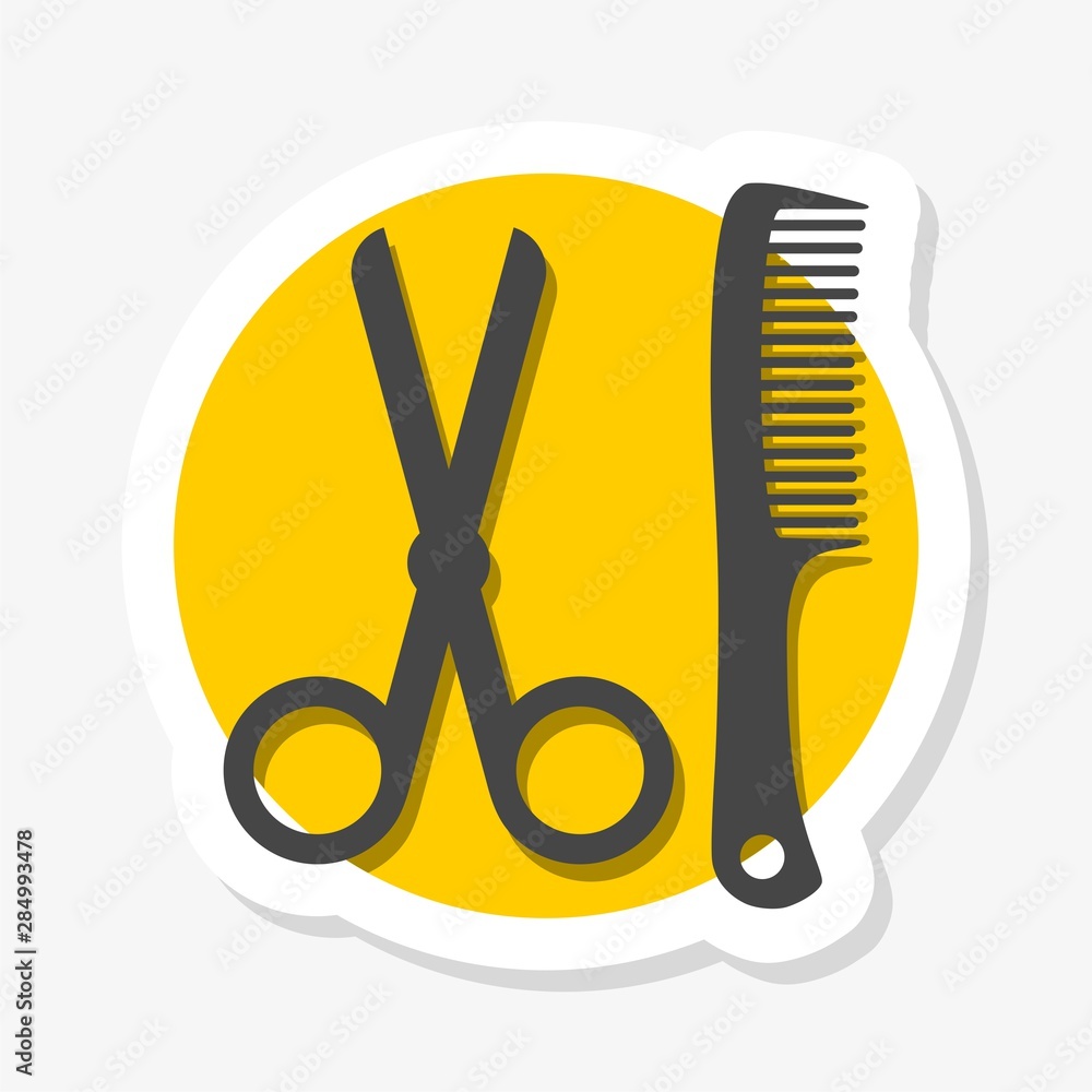Scissor and comb sticker icon isolated on white background. Scissor and comb icon in trendy design style Scissor and comb sticker icon isolated on white background. Scissor and comb icon in trendy design style