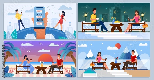 Online Dating Chat, People on Romantic Meeting Set