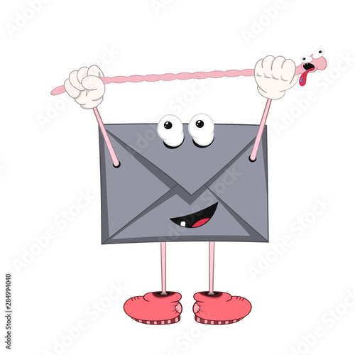A funny cartoon envelope with eyes, arms and legs in shoes stretches the length of an earthworm.