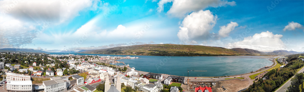 Obraz premium Panoramic aerial view of Akureyri town in Iceland
