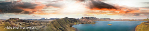 Panoramic sunset aerial view of Frostastadhavatn lake. Landmannalaugar  Fjallabak Nature Reserve in the Highlands of Iceland