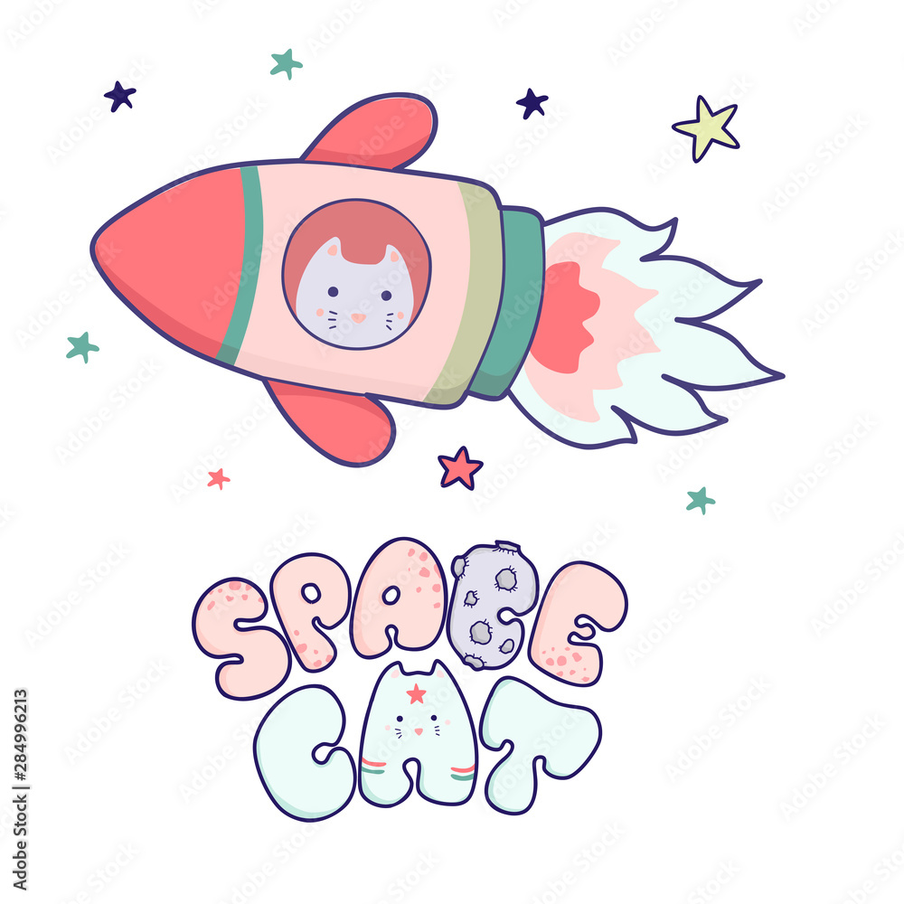 Japanese kawaii cat travels in space and the inscription lettering Space Cat. funny animals clip art. Japanese kawaii cat travels in space and the inscription lettering Space Cat. funny animals clip art.