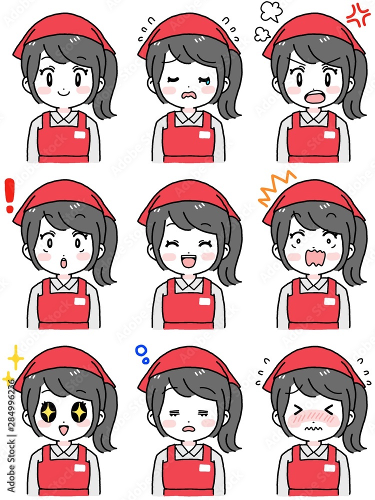 いろいろな表情のセット 女性店員 赤エプロン 黒髪ポニーテール Stock イラスト Adobe Stock