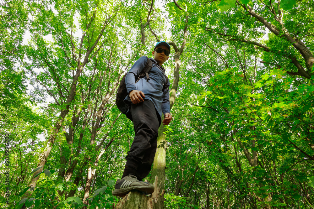 Traveler guy walks through the woods Traveler guy walks through the woods