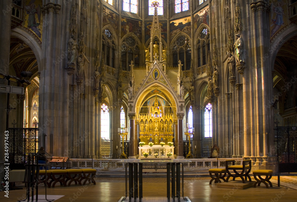 Interior of Votive Church (Votivkirche) is a neo-Gothic church in Vienna, Austria