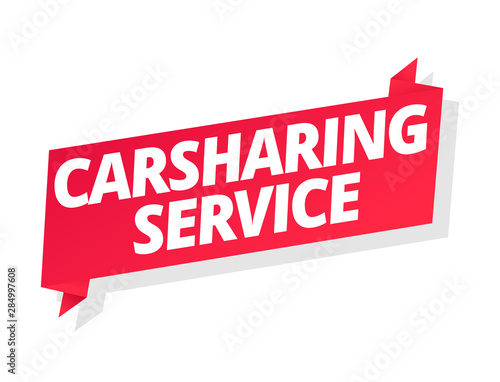 Carsharing service. Car for rent. Word on red ribbon headline. Red tape text title. Vector flat color Illustration .