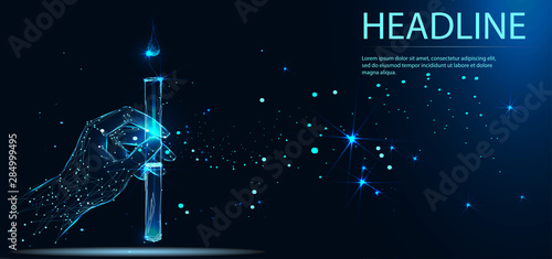 Scientist or laboratory test tube in hand, science research concept. Banner. Low poly vector illustration. Vector medicine illustration. Headline