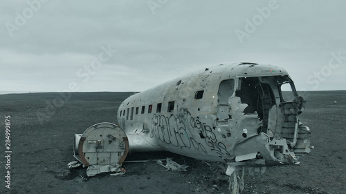 Solheimasandur Plane Wreck, Iceland. Aerial view of airplane wreckage on the beach