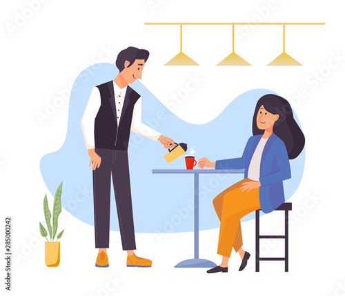 Woman character in flat style sitting in the cafe and drinks coffee. Waiter holding coffee pot. Vector illustration with the interior of a cafe, restaraunt