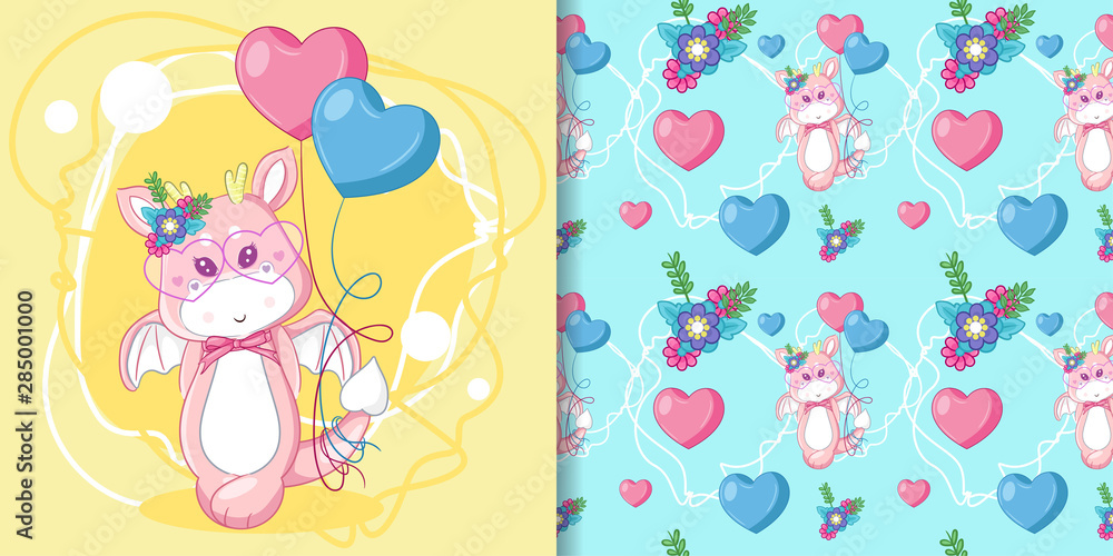 hand drawn cute dragon and balloons with pattern set