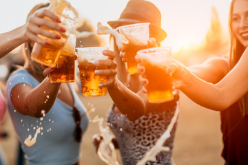 Female friends cheering with beer at music festival