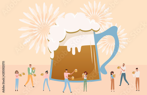 Oktoberfest. Beer festival poster with group of people, family and friends having fun against the huge beer. Editable vector illustration.