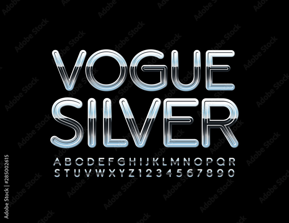 Vector Silver Font. Metallic reflective Alphabet Letters and Numbers.