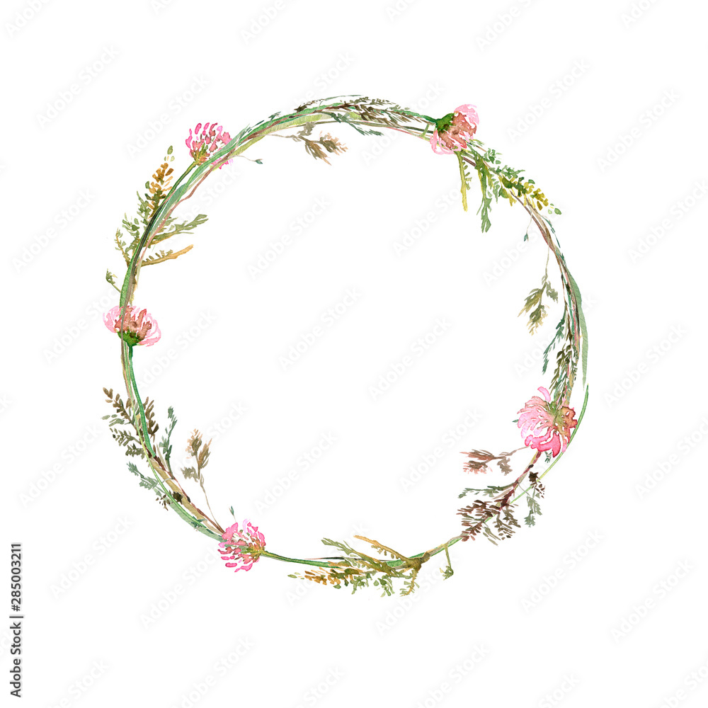 Obraz premium Watercolor drawing of wild meadow flowers, buds, inflorescences and leaves. Summer design. Design wallpaper, textiles, fabrics, textures, covers, packaging and wrapping paper. Design element .