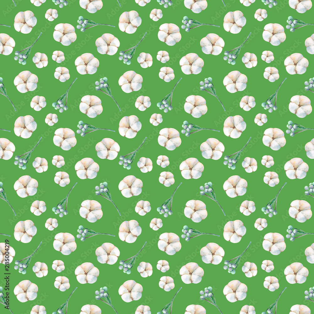 Beautiful seamless pattern of cotton and brunia on green background. Beautiful seamless pattern of cotton and brunia on green background.