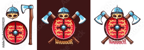 Viking emblem with helmet, dragon shield and crossed battle axes. Vector illustration. Worn texture on a separate layer.
