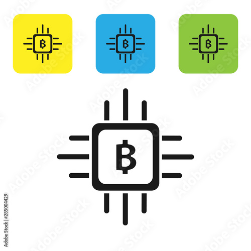 Black CPU mining farm icon isolated on white background. Bitcoin sign inside processor. Cryptocurrency mining community. Digital money. Set icons colorful square buttons. Vector Illustration