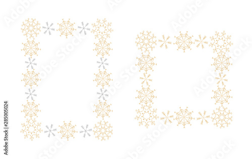 Set of 2 golden snowflake frames. Winter festive borders, A4 and square format Vector illustration.