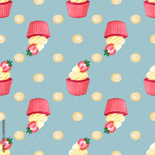 Sweet delicious watercolor pattern with cupcakes. Hand-drawn background. illustration.