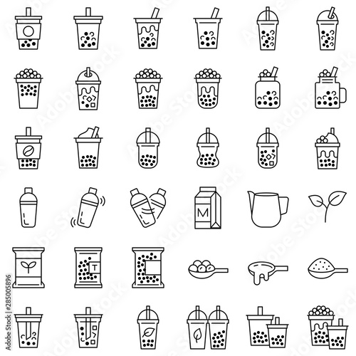 Bubble tea or Pearl milk tea line icon set