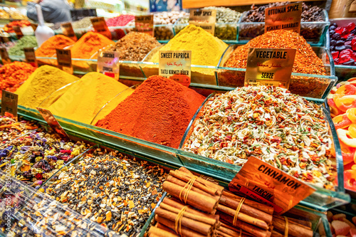 .26/05/2019 Istanbul, Turkey, Various spices are a counter on the Grand Bazaar also known as the Egyptian Bazaar and is famous for exotic herbs and spices