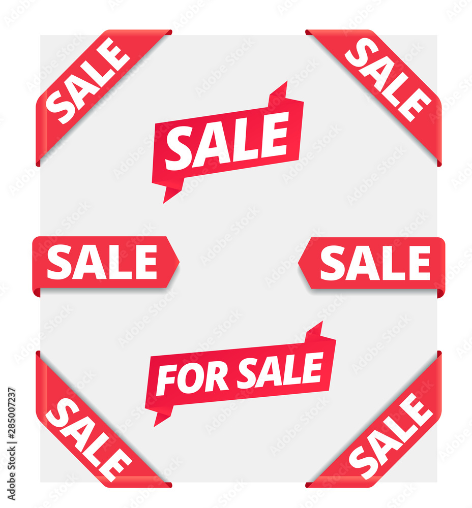 Sale. Corner ribbon label banners set. Flag, sticker on the page edge. Word on red tag headline. Red tape text title. Vector Illustration. Sale. Corner ribbon label banners set. Flag, sticker on the page edge. Word on red tag headline. Red tape text title. Vector Illustration.