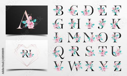 Beautiful alphabet collection with rose watercolor decoration